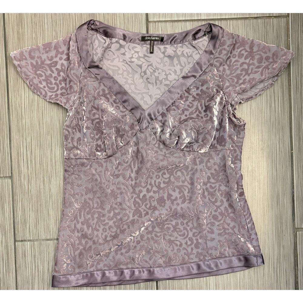 Daisy Fuentes Moda Gray Sheer Satin Trim Babydoll Blouse Velvet Burnout Small